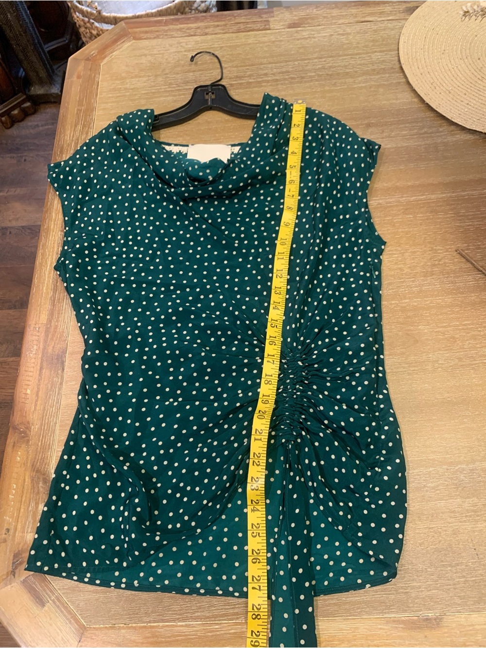 Anthropologie/ Maeve Teal 100% Silk Polka Dot Ruched Cowl Neck Blouse - Picture 9 of 10